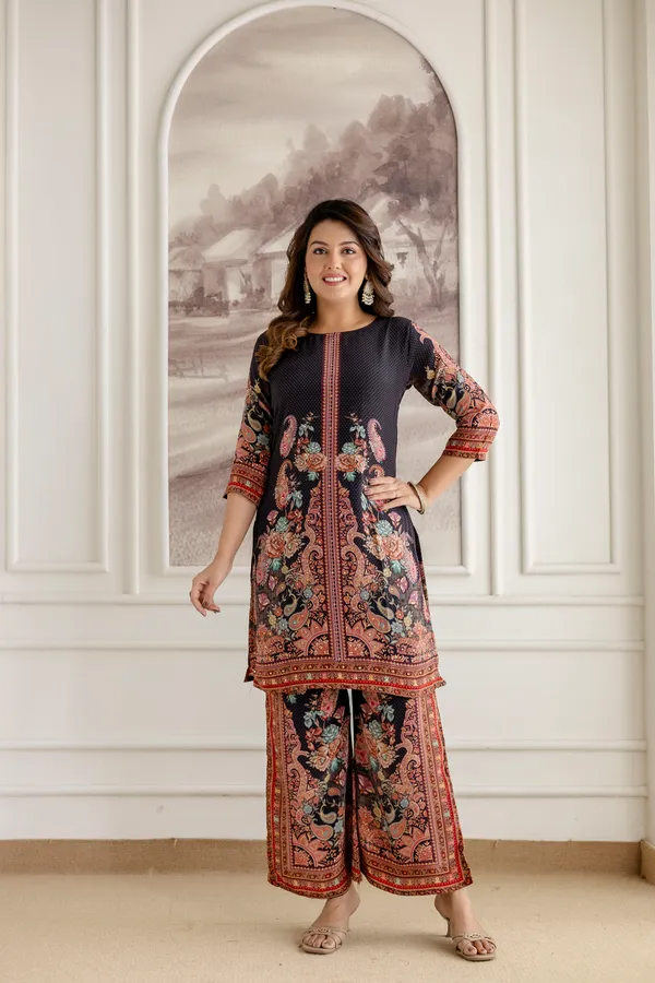 MAROON COTTON LONG COORDSET WITH PLAZO AND FLOWER PRINT main image 0