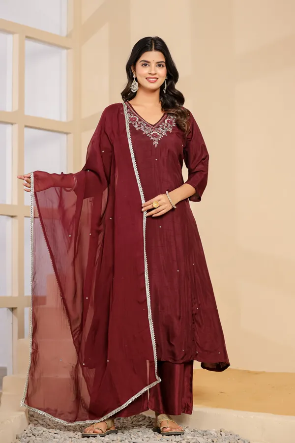 Maroon__Pure_Dola_Silk_3pcs_Kurta_Set_Push_Premium_For_Women