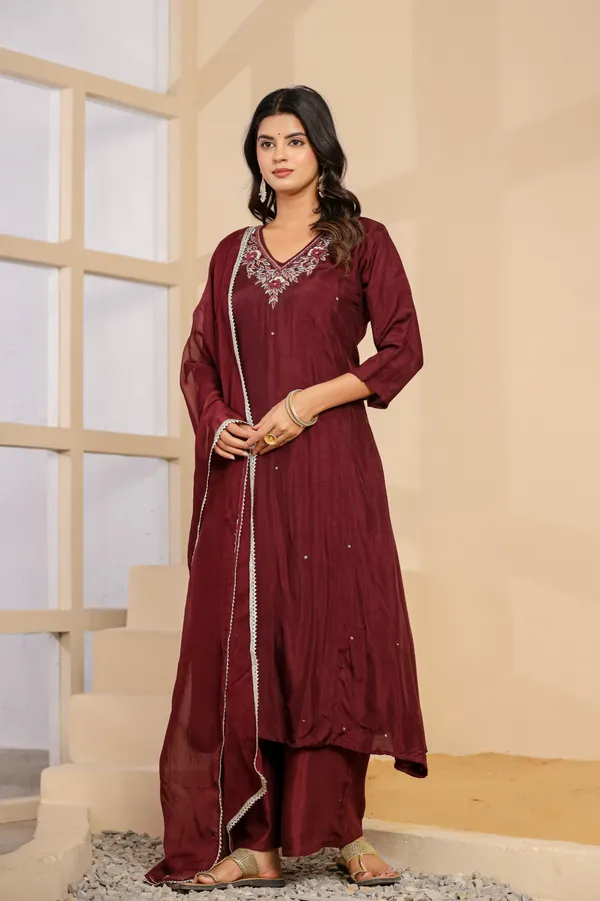 Maroon__Pure_Dola_Silk_3pcs_Kurta_Set_Push_Premium_For_Women