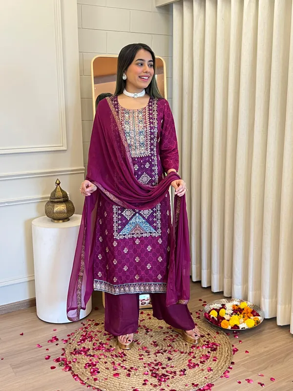 Wine_Pure_Dola_Jacquard_Printed_Kurta_Set_For_Women