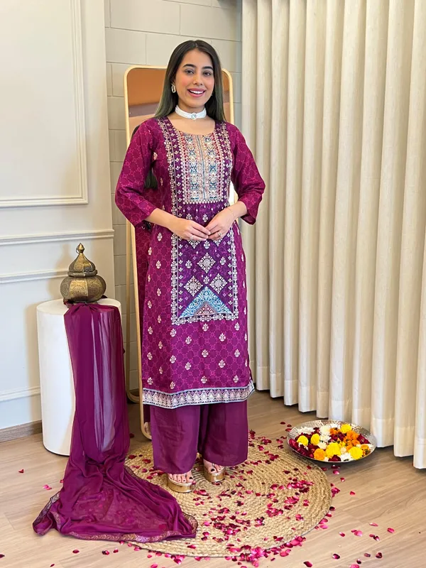 Wine_Pure_Dola_Jacquard_Printed_Kurta_Set_For_Women