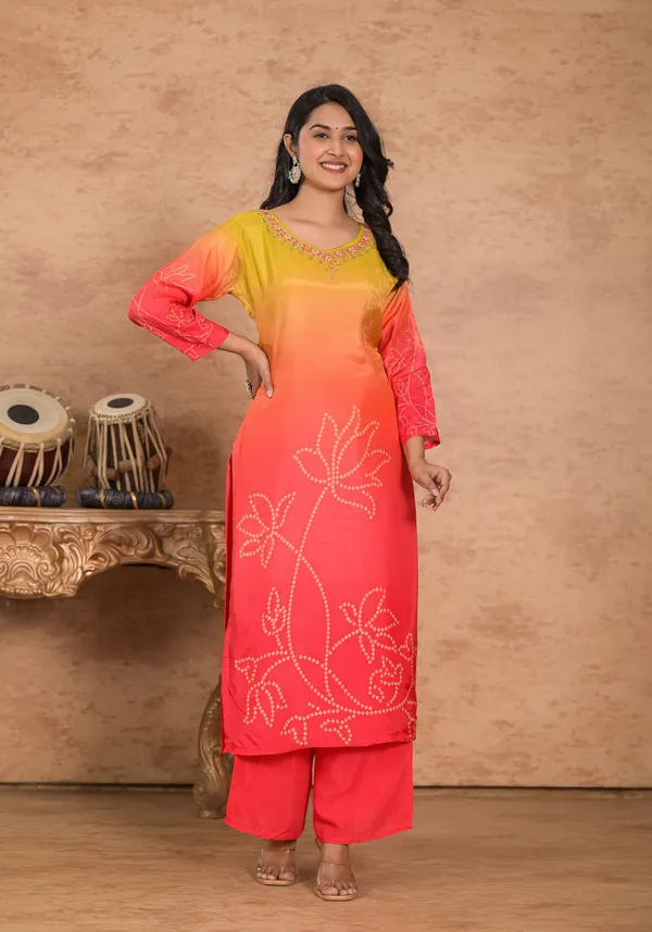 Orange_Muslin_Silk_Printed_Kurta_Set_For_Women