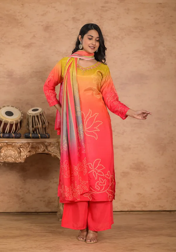 Orange_Muslin_Silk_Printed_Kurta_Set_For_Women