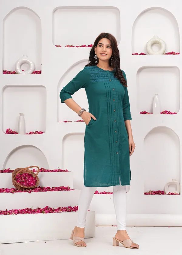 Green_Cotton_Straight_Single_Kurti_For_Women