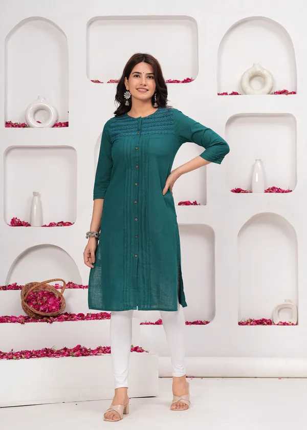 Green_Cotton_Straight_Single_Kurti_For_Women