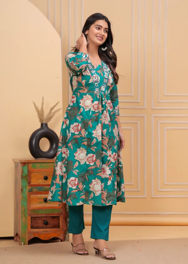 Green_Cotton_Straight_Kurta_Pant_Set_For_Women