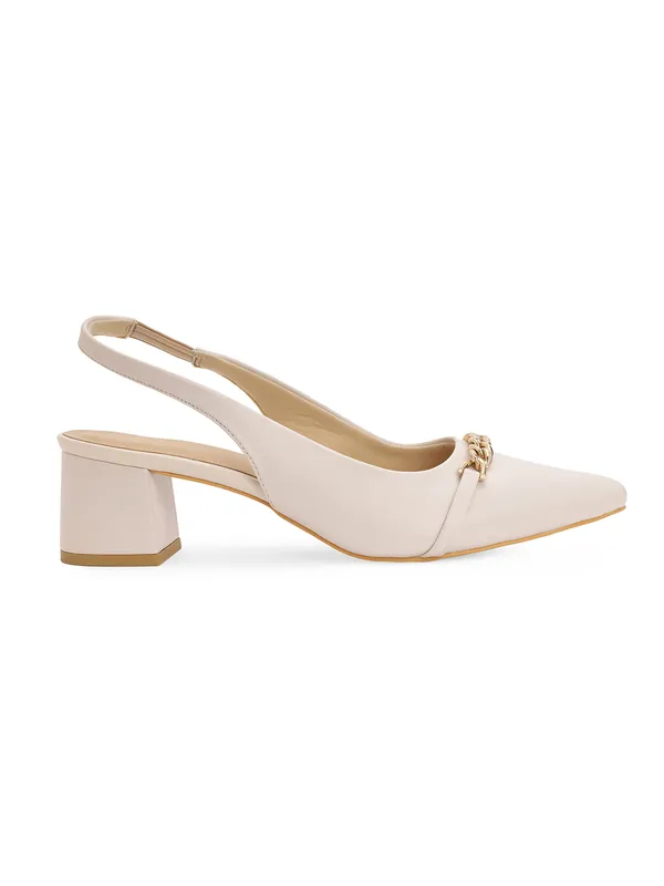 Ivory_Pointed_Toe_Block_Heels_With_Sling_Back_Strap,_Cushioned_Lining,_&_Stylish_Front_Buckle_(2_Inch_Heel)_For_Women