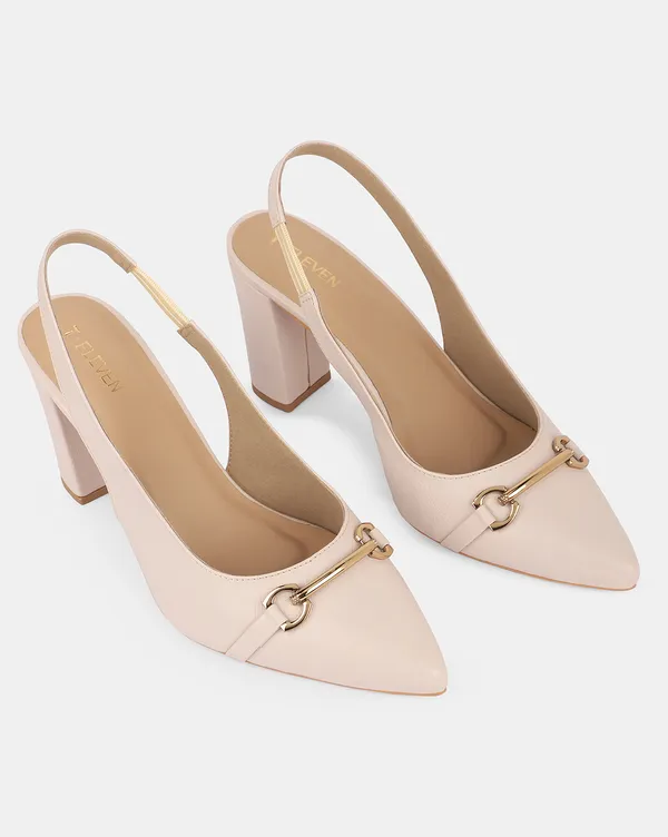 Ivory_Pointed_Toe_Block_Heels_With_Sling_Back_Strap,_Cushioned_Lining,_&_Stylish_Front_Buckle_((3_Inch_Heel)_For_Women