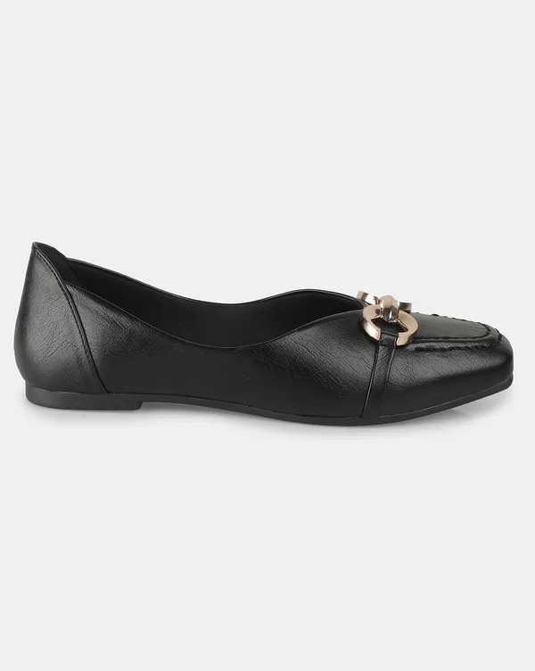 Black_Square_Toe_Stylish_Flat_Ballerina_With_Fashionable_Buckle,_Cushioned_Lining_&_Tpr_Sole_For_Women