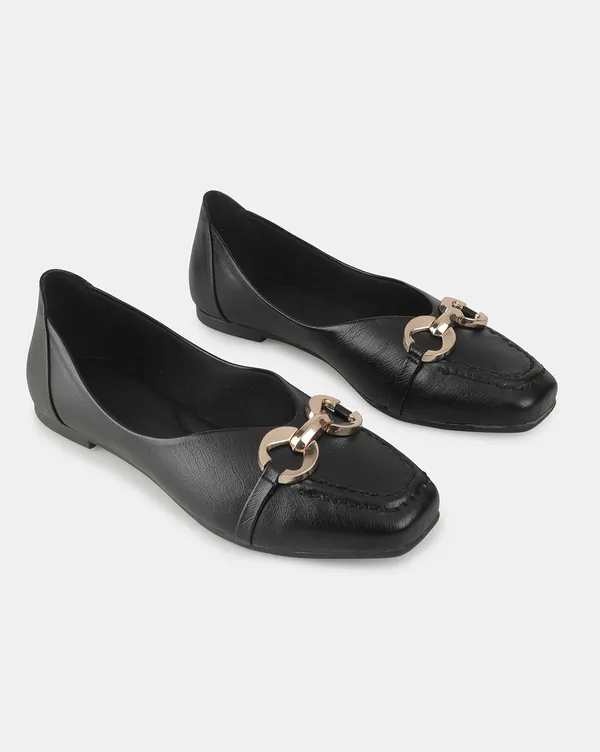 Black_Square_Toe_Stylish_Flat_Ballerina_With_Fashionable_Buckle,_Cushioned_Lining_&_Tpr_Sole_For_Women