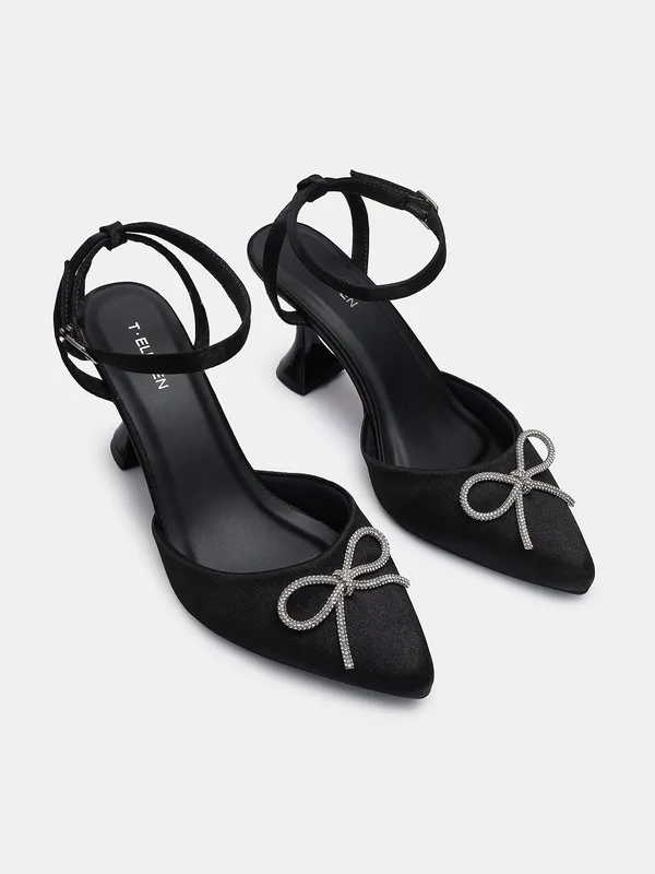 T-Eleven_Women's_Pointed_Toe_Pumps,_Black_Satin,_Crystal_Bow_Detail,_3.5_Inch_Sculptural_Heel,_Ankle_Strap,_Cushioned_Insole
