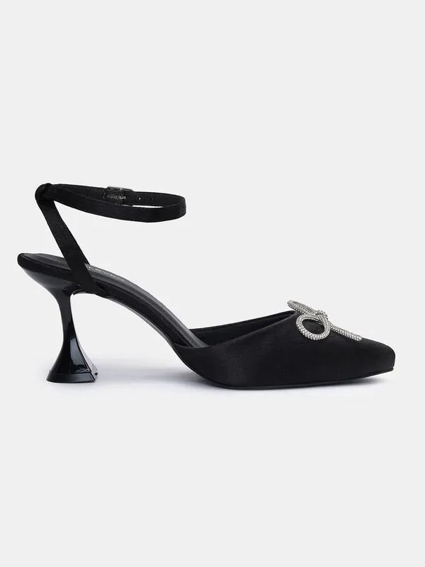 T-Eleven_Women's_Pointed_Toe_Pumps,_Black_Satin,_Crystal_Bow_Detail,_3.5_Inch_Sculptural_Heel,_Ankle_Strap,_Cushioned_Insole
