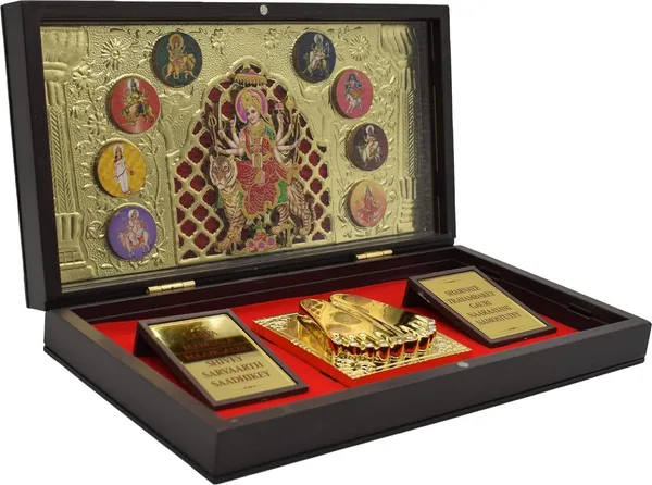 Gold_Plated_Maa_Mata_Durga_Photo_Frame_With_Charan_Paduka_For_Pooja_Room,_Return_Pooja_Gift_Box_Set