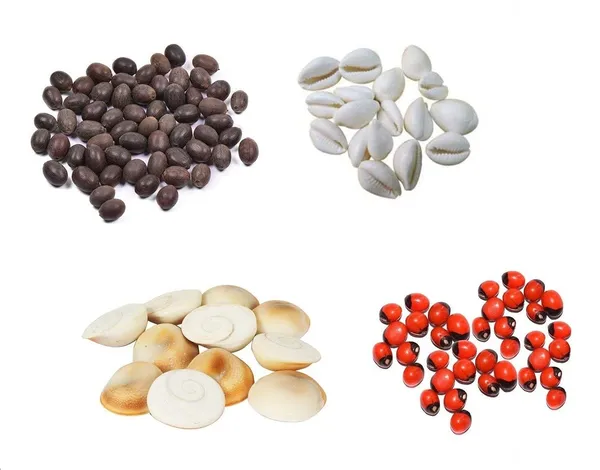 Red_Gunja_Chirmi_Beads,_Kamal_Gatte_And_White_Kauri/Kaudi_And_Gomti_Chakra,_Small_-_Set_Of_11_Pieces