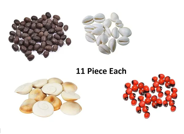 Red_Gunja_Chirmi_Beads,_Kamal_Gatte_And_White_Kauri/Kaudi_And_Gomti_Chakra,_Small_-_Set_Of_11_Pieces