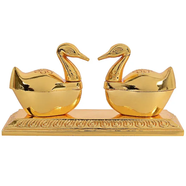 Handicraft_Double_Swan_Golden_Metal_Brass_Chandan_Roli_Chopda,_Chawal-Akshat-Haldi,_Kumkum_Box_Pair_With_Loving_Bird_Duck