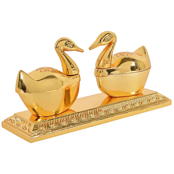 Handicraft_Double_Swan_Golden_Metal_Brass_Chandan_Roli_Chopda,_Chawal-Akshat-Haldi,_Kumkum_Box_Pair_With_Loving_Bird_Duck