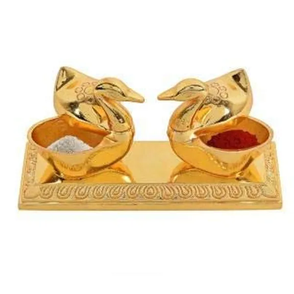 Handicraft_Double_Swan_Golden_Metal_Brass_Chandan_Roli_Chopda,_Chawal-Akshat-Haldi,_Kumkum_Box_Pair_With_Loving_Bird_Duck