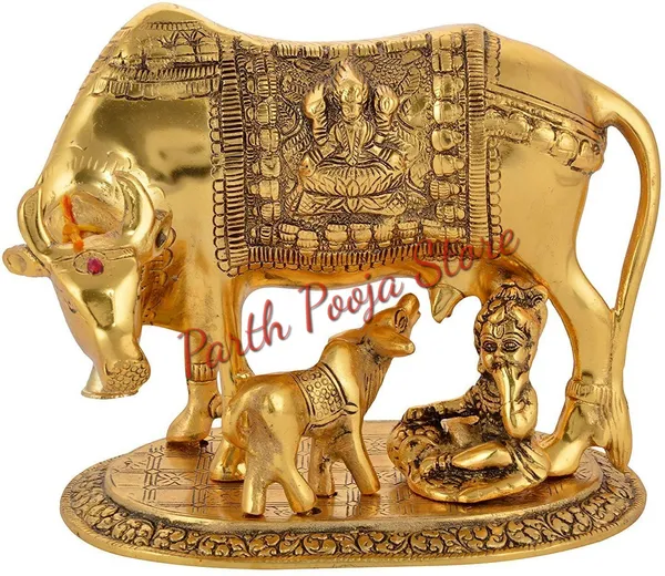 Kamdhenu_Cow_With_Calf_And_Krishna_Brass_Like_Metal_Showpiece
