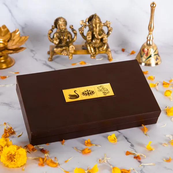 Gold_Plated_Lakshmi_Ganesh_Saraswati_Charan_Paduka_In_Brown_Pooja_Box