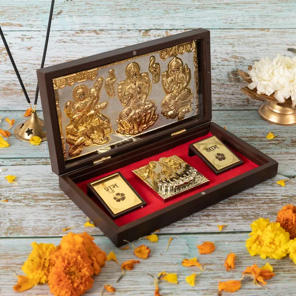 Gold_Plated_Lakshmi_Ganesh_Saraswati_Charan_Paduka_In_Brown_Pooja_Box