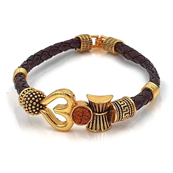 Gold_Healing_And_Powerful_Rudraksha_Damru_Trishul_Shiva_Adjustable_Leather_Bracelet_For_Men