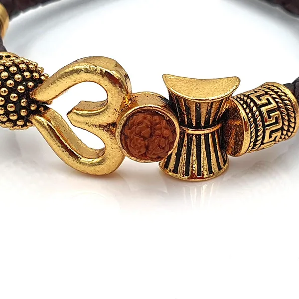 Gold_Healing_And_Powerful_Rudraksha_Damru_Trishul_Shiva_Adjustable_Leather_Bracelet_For_Men