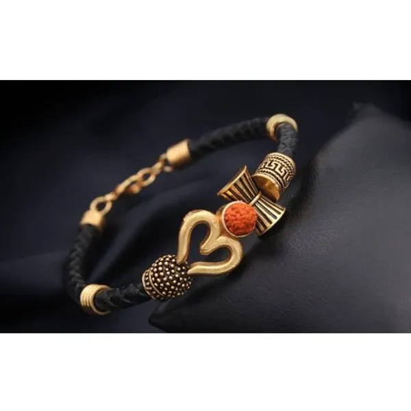 Gold_Healing_And_Powerful_Rudraksha_Damru_Trishul_Shiva_Adjustable_Leather_Bracelet_For_Men