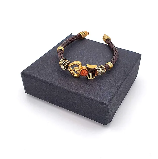Gold_Healing_And_Powerful_Rudraksha_Damru_Trishul_Shiva_Adjustable_Leather_Bracelet_For_Men