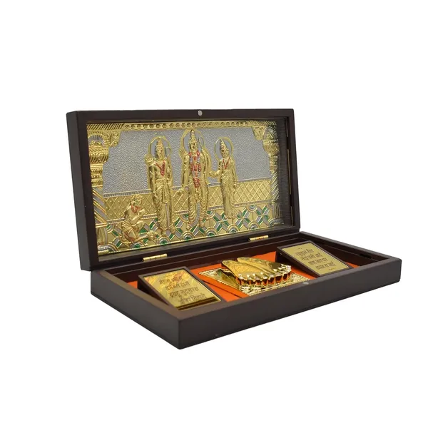 Gold_Plated_Ram_Darbar_With_Charan_Paduka_In_Brown_Pooja_Box