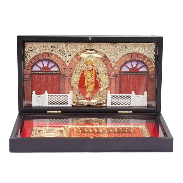 Gold_Plated_Sai_Baba_Photo_Frame_With_Charan_Paduka_And_Samadhi_For_Pooja_And_Gift