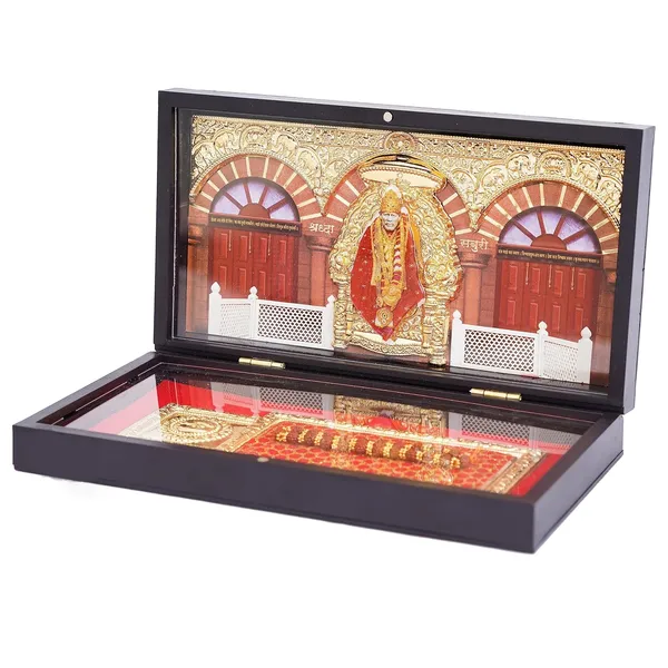 Gold_Plated_Sai_Baba_Photo_Frame_With_Charan_Paduka_And_Samadhi_For_Pooja_And_Gift
