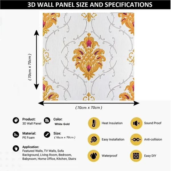 White_Gold_Textured_&_Waterproof_Foam_3D_Waves_Design_Wallpaper_Sticker_|_70_X_70_Cm
