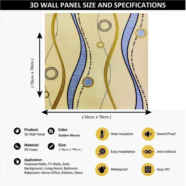 White_Gold_Textured_&_Waterproof_Foam_3D_Waves_Design_Wallpaper_Sticker_|_70_X_70_Cm