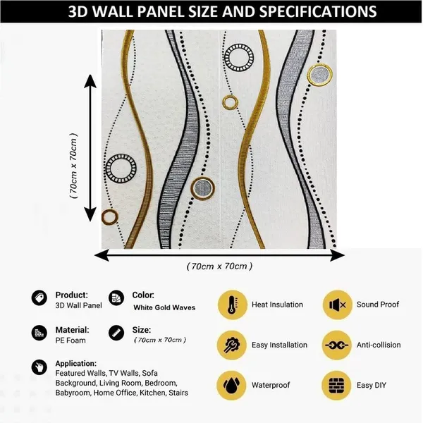 White_Gold_3D_Waves_Foam_Wallpaper_Sticker_|_70_X_70Cm