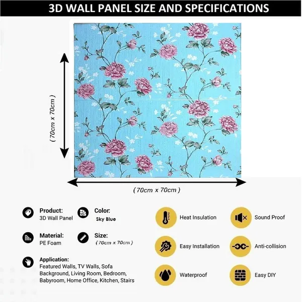 Blue_Waterproof_3D_Floral_Design_Textured_Foam_Wallpaper_Sticker_|_70_X_70_Cm