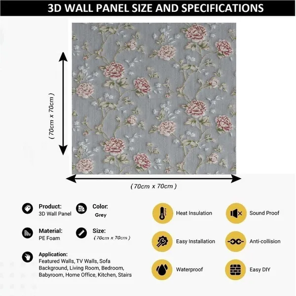 Grey_Waterproof_3D_Floral_Design_Textured_Foam_Wallpaper_Sticker_|_70_X_70_Cm