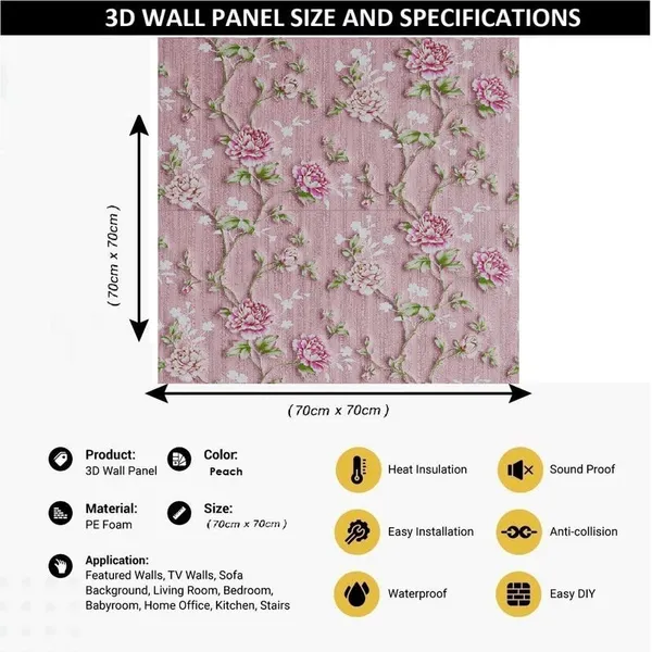Peach_Waterproof_3D_Floral_Design_Textured_Foam_Wallpaper_Sticker_|_70_X_70_Cm