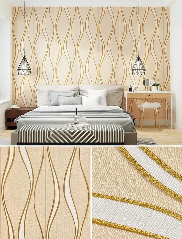 Gold_Waterproof_3D_Vertical_Waves_Design_Textured_Foam_Wallpaper_Sticker_|_70_X_70_Cm
