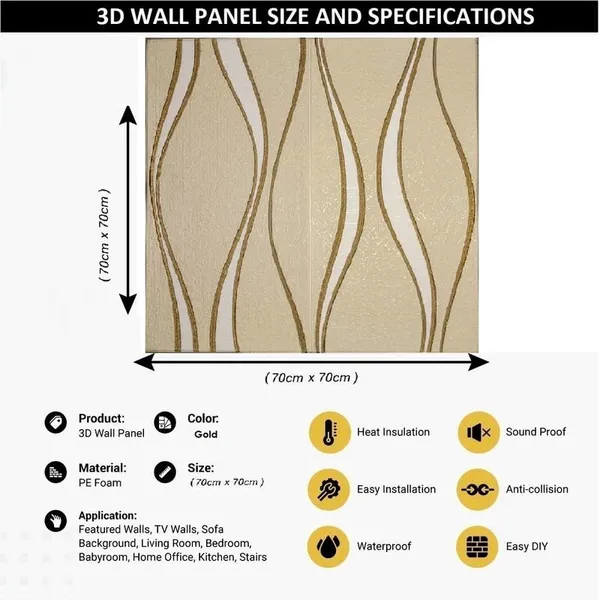 Gold_Waterproof_3D_Vertical_Waves_Design_Textured_Foam_Wallpaper_Sticker_|_70_X_70_Cm
