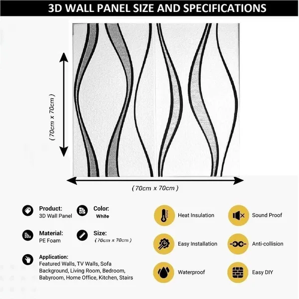 White_Waterproof_3D_Vertical_Waves_Design_Textured_Foam_Wallpaper_Sticker_|_70_X_70_Cm