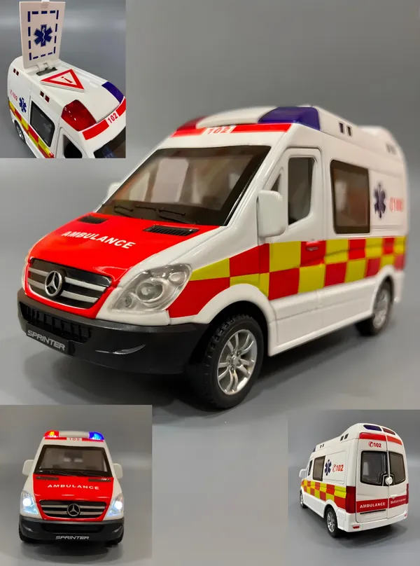 1:32_Scale_Die-Cast_Mercedess_Ambulance_Emergency_Rescue_Toy,_Light_and_Siren_Sound_Effects,_Pull-Back_Action,_Openable_Doors_and_Rear_Hatch_for_Kids
