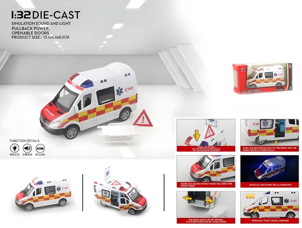 1:32_Scale_Die-Cast_Mercedess_Ambulance_Emergency_Rescue_Toy,_Light_and_Siren_Sound_Effects,_Pull-Back_Action,_Openable_Doors_and_Rear_Hatch_for_Kids