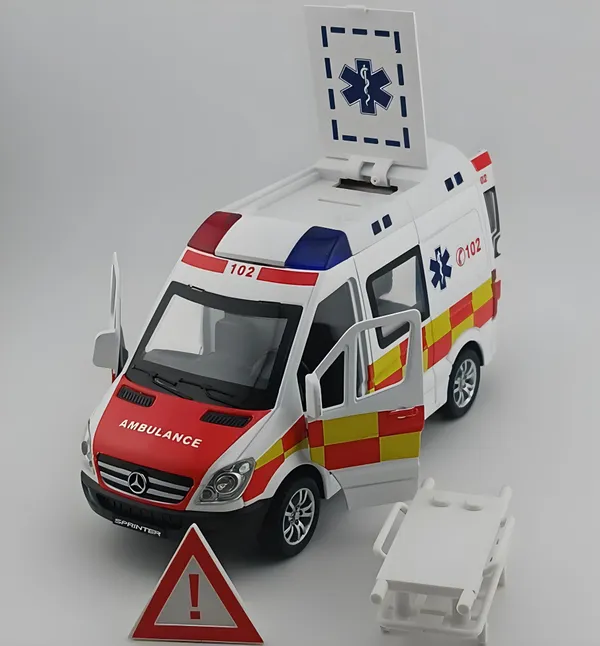 1:32_Scale_Die-Cast_Mercedess_Ambulance_Emergency_Rescue_Toy,_Light_and_Siren_Sound_Effects,_Pull-Back_Action,_Openable_Doors_and_Rear_Hatch_for_Kids
