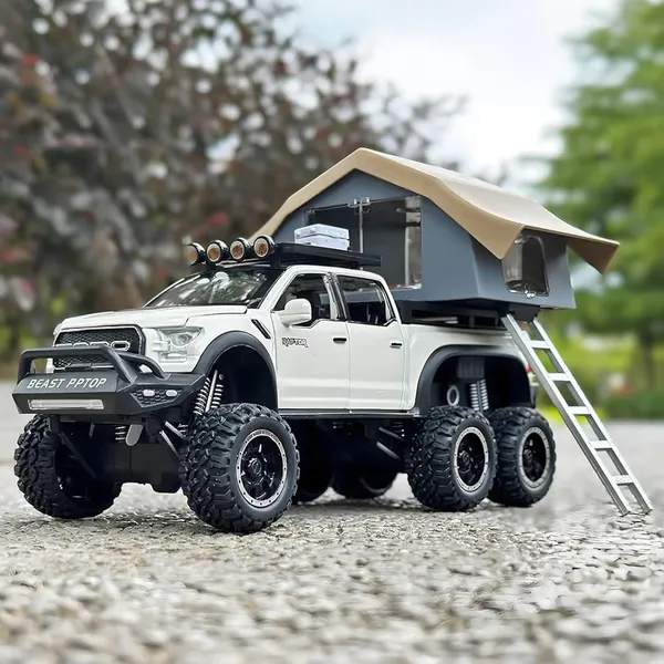 TOYBOT_1:24_Scale_Ford_Raptor_F150_Pickup_Truck_Camper_Model_Toy_|_Die-Cast_Metal_Car_with_Lights,_Sound,_Pull_Back_&_Roof_Tent