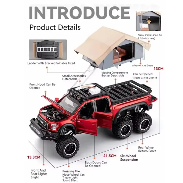 TOYBOT_1:24_Scale_Ford_Raptor_F150_Pickup_Truck_Camper_Model_Toy_|_Die-Cast_Metal_Car_with_Lights,_Sound,_Pull_Back_&_Roof_Tent