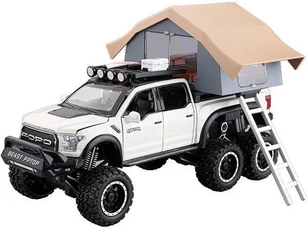 TOYBOT_1:24_Scale_Ford_Raptor_F150_Pickup_Truck_Camper_Model_Toy_|_Die-Cast_Metal_Car_with_Lights,_Sound,_Pull_Back_&_Roof_Tent