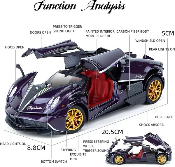Toybot_1:24_Scale_Die-Cast_Big_Pagani_Sports_Car_-_Premium_Alloy_Metal_Pullback_Toy_with_Openable_Doors,_Hood,_Lights_&_Music_for_Kids