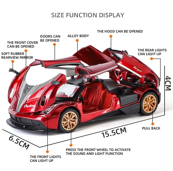 Toybot_1:32_Scale_Die-Cast_Pagani_Sports_Car_-_Premium_Alloy_Metal_Pullback_Toy_with_Openable_Doors,_Hood,_Lights_&_Music_for_Kids_(Pagani_Red)