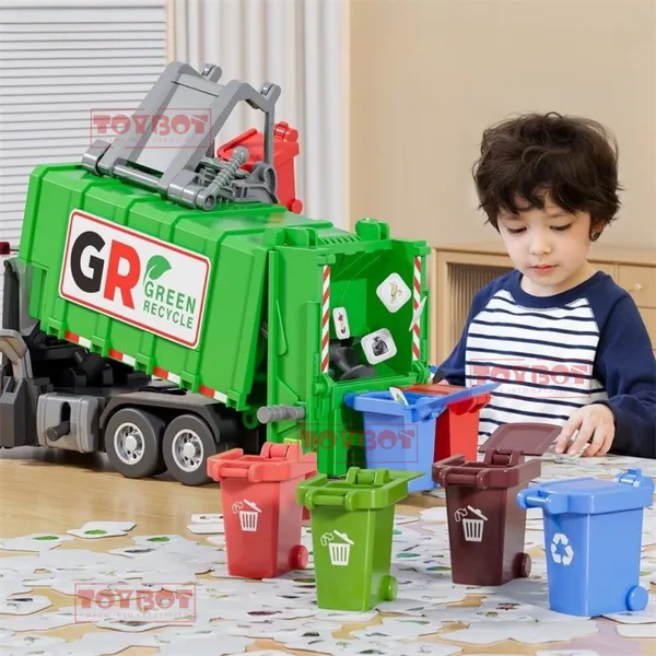 Toybot_Recycle_Garbage_Truck_Toy_with_Lights_&_Sound_|_Air_Pressure_Lift,_Trash_Cans_&_Pull_Back_Action_–_Green_Recycle_Sanitation_Truck_for_Kids
